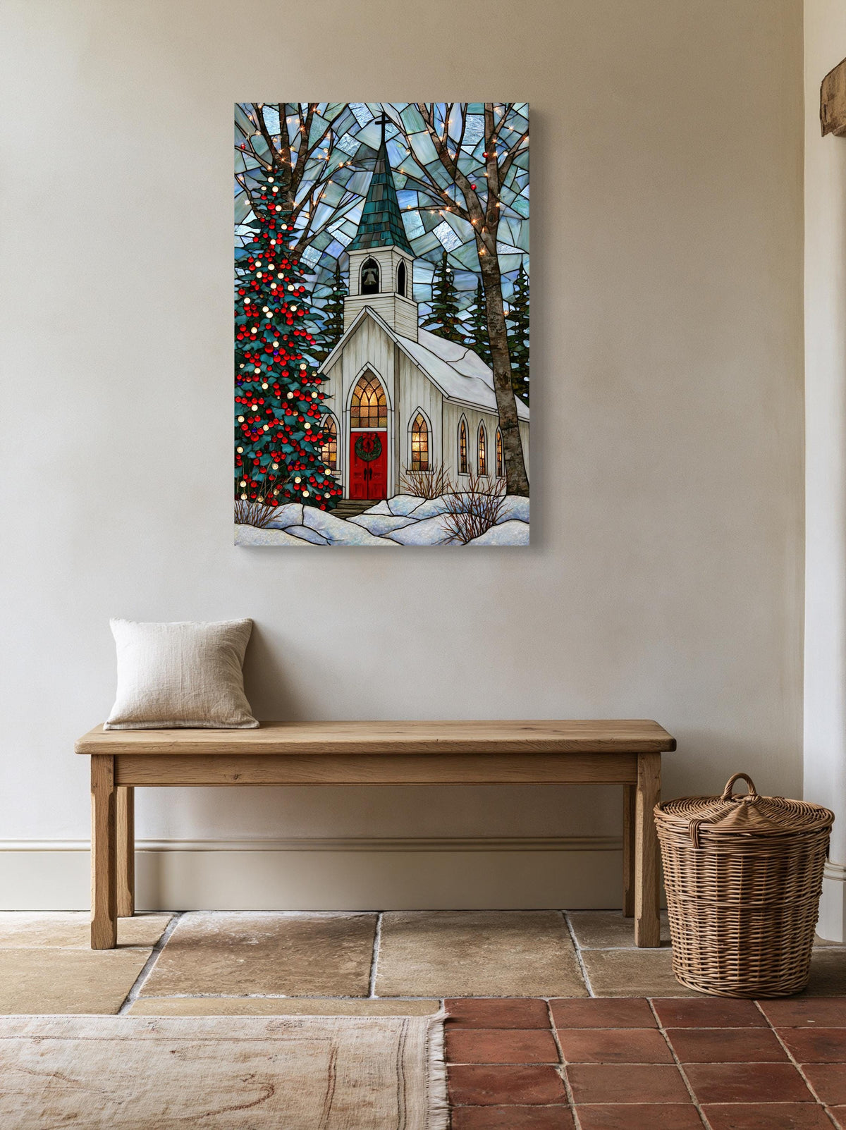 Christmas chapel stained glass canvas wall art, stained glass window depicting a church with a Christmas tree in the