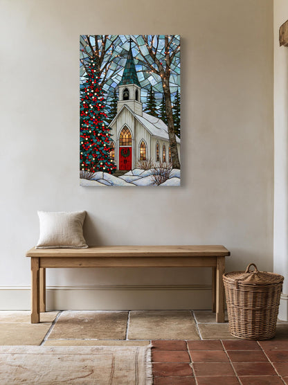 Christmas chapel stained glass canvas wall art, stained glass window depicting a church with a Christmas tree in the