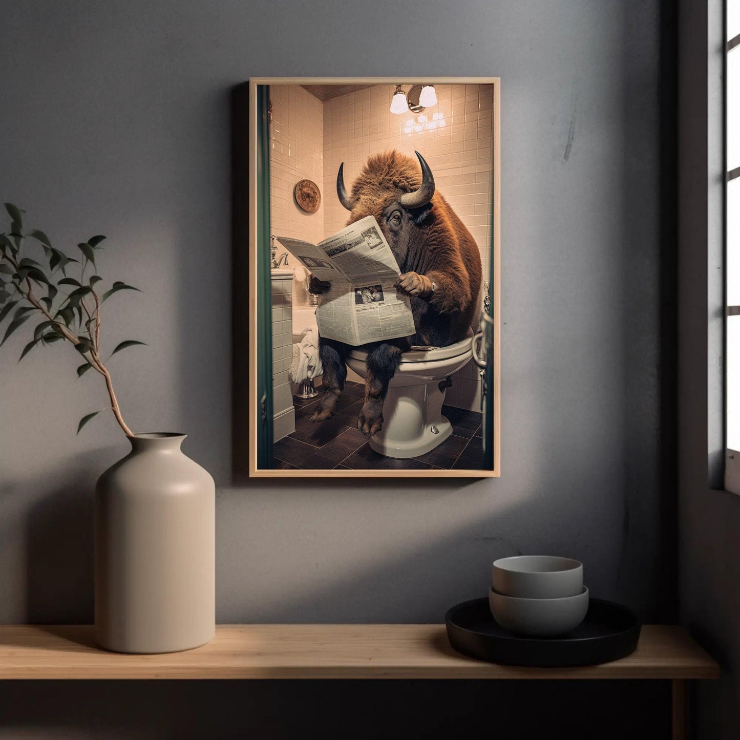 Funny Bison Bathroom , Buffalo Toilet Humor canvas wall art shown in a styled room (view 4)