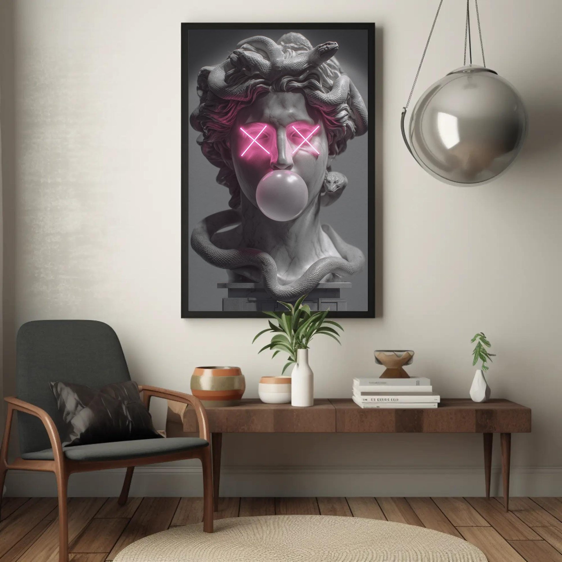 Medusa canvas wall art shown in a styled room