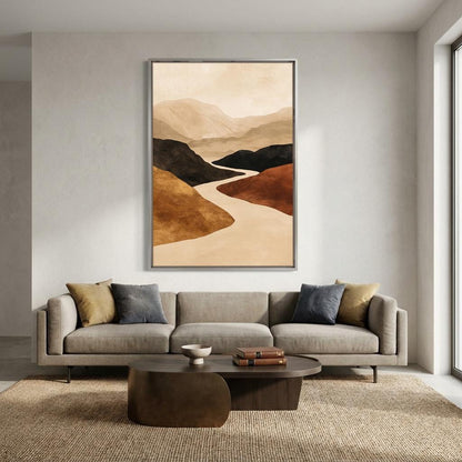 Abstract Mountain Wall Art, Winding River Canvas, Terracotta Ochre