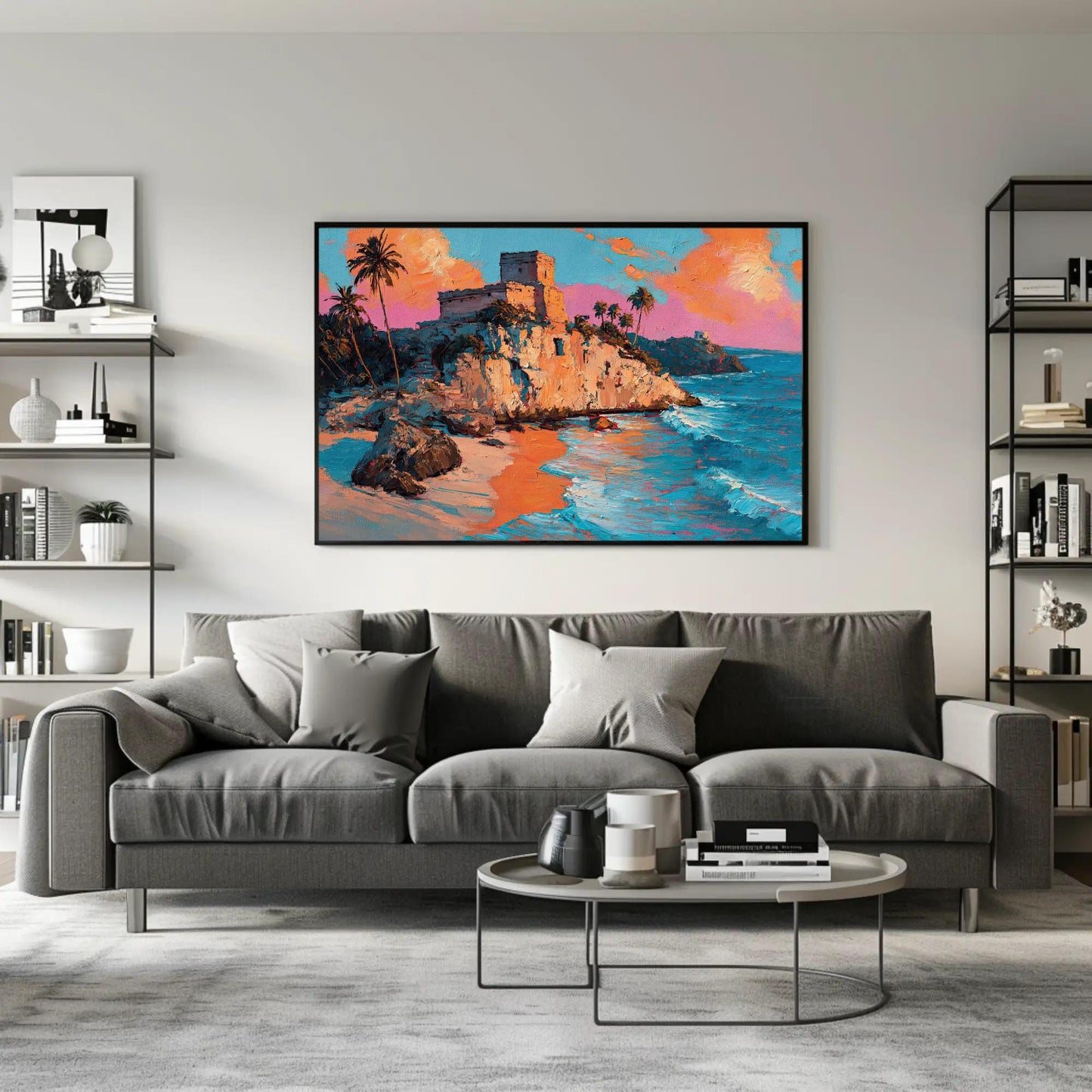 Tulum Ruins Oil Painting canvas wall art shown in a living room (view 2)