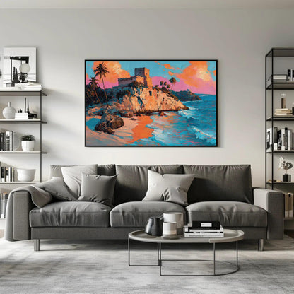 Tulum Ruins Oil Painting canvas wall art shown in a living room (view 2)