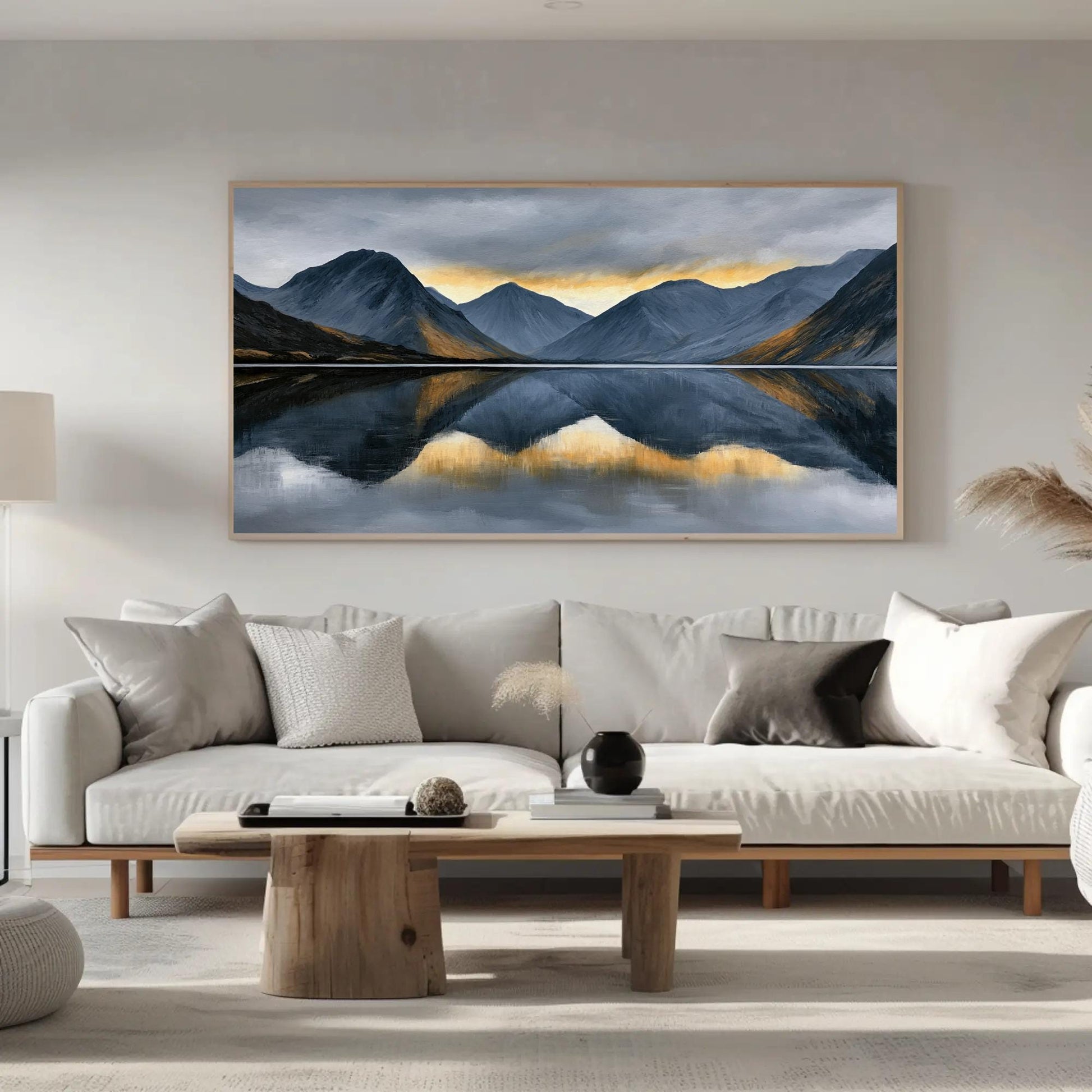 Panoramic Mountain Lake Art canvas wall art shown in a living room