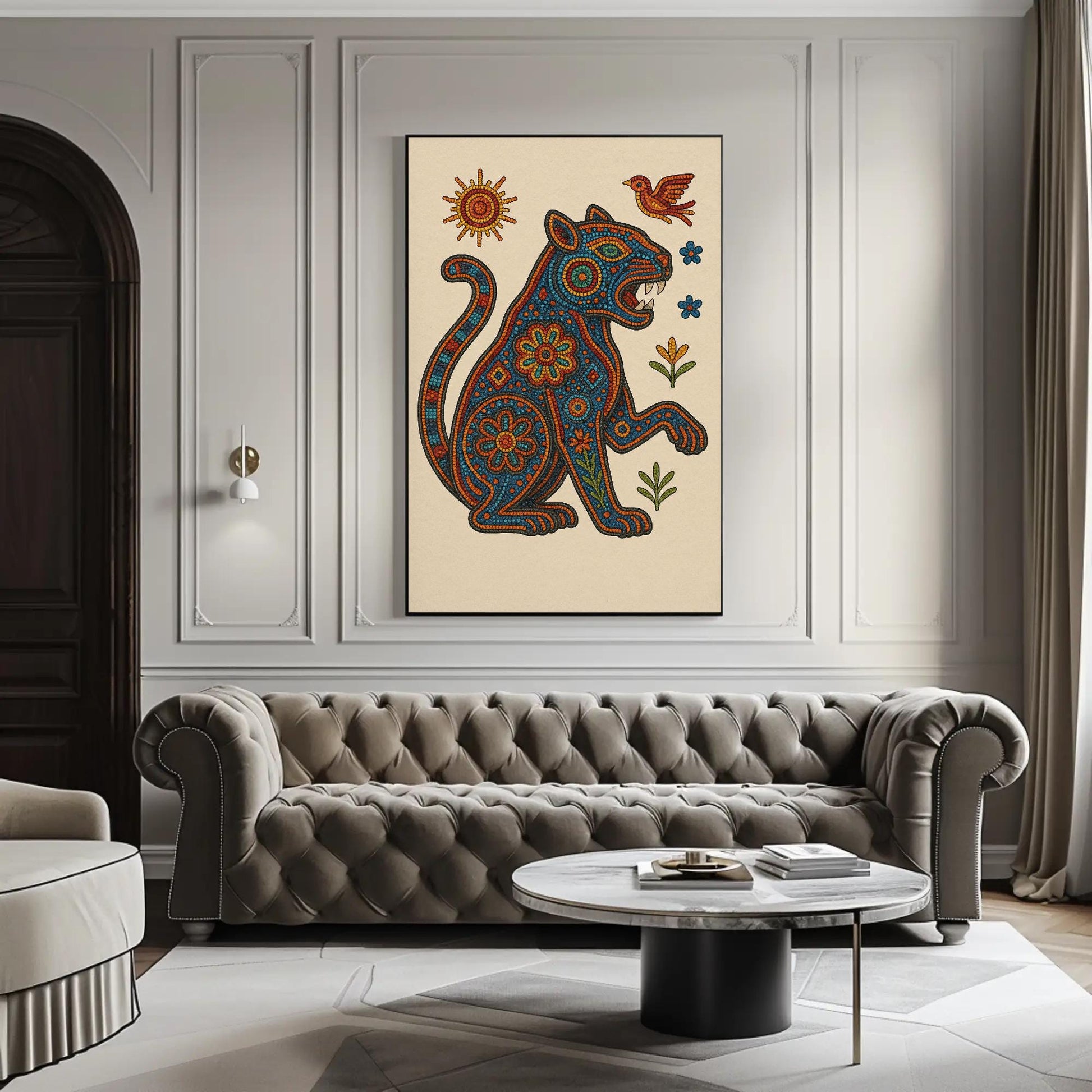 Huichol Jaguar boho canvas wall art, ready to hang