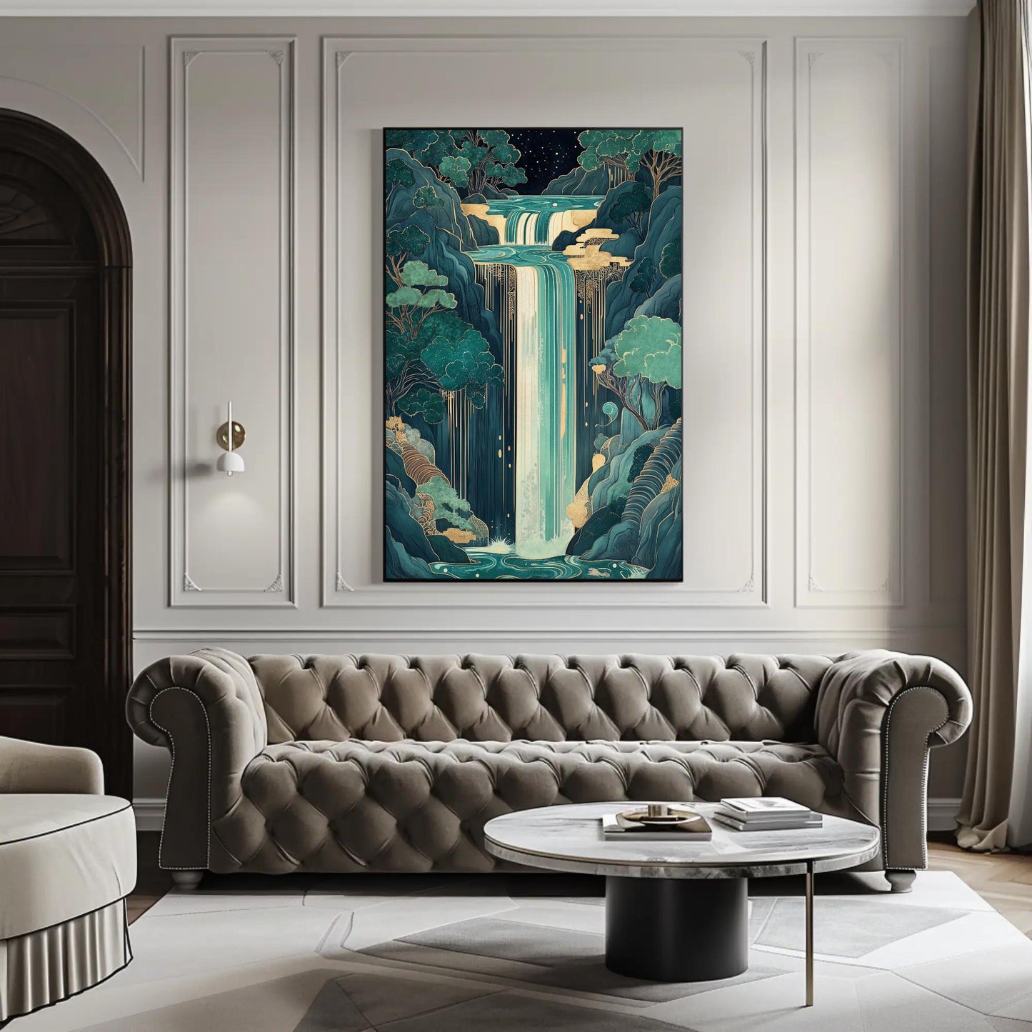 Magical Waterfall canvas wall art shown in a living room (view 2)