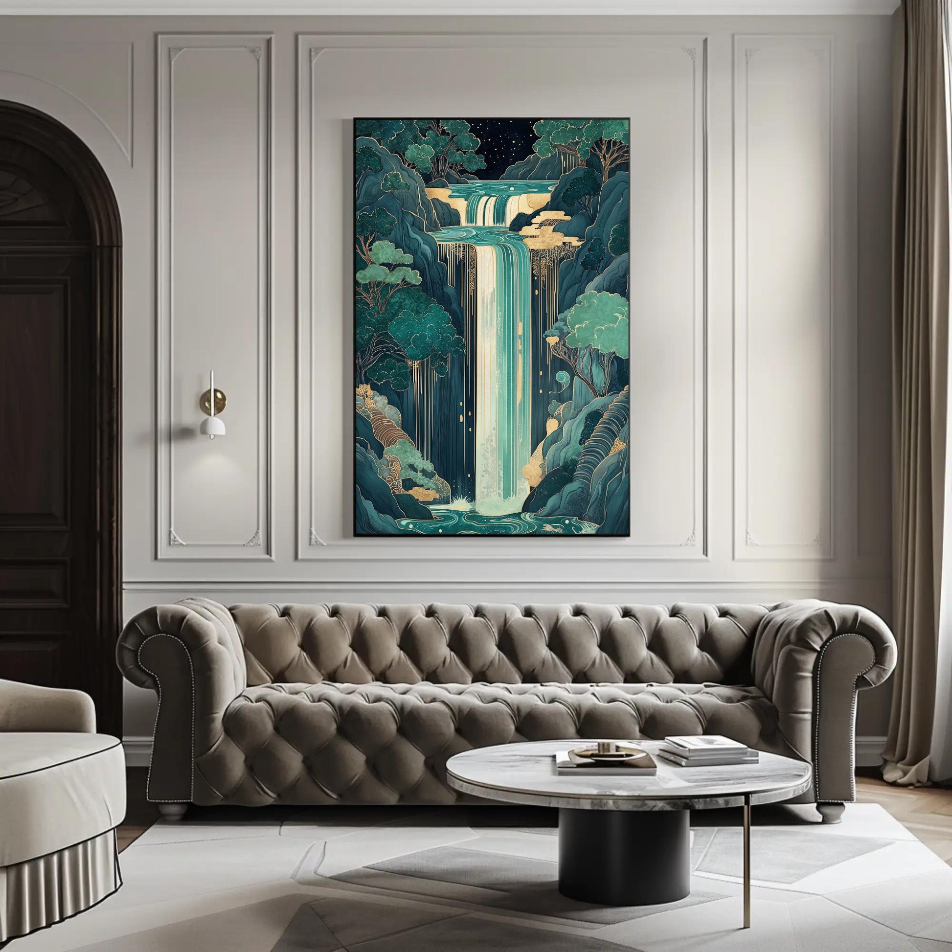 Magical Waterfall canvas wall art shown in a living room (view 2)