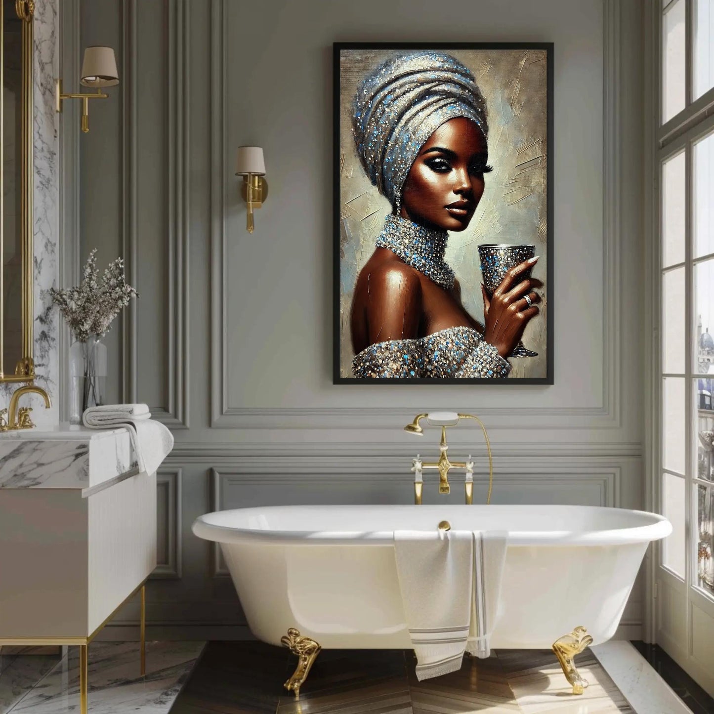 a painting of a woman in a turban holding a cup