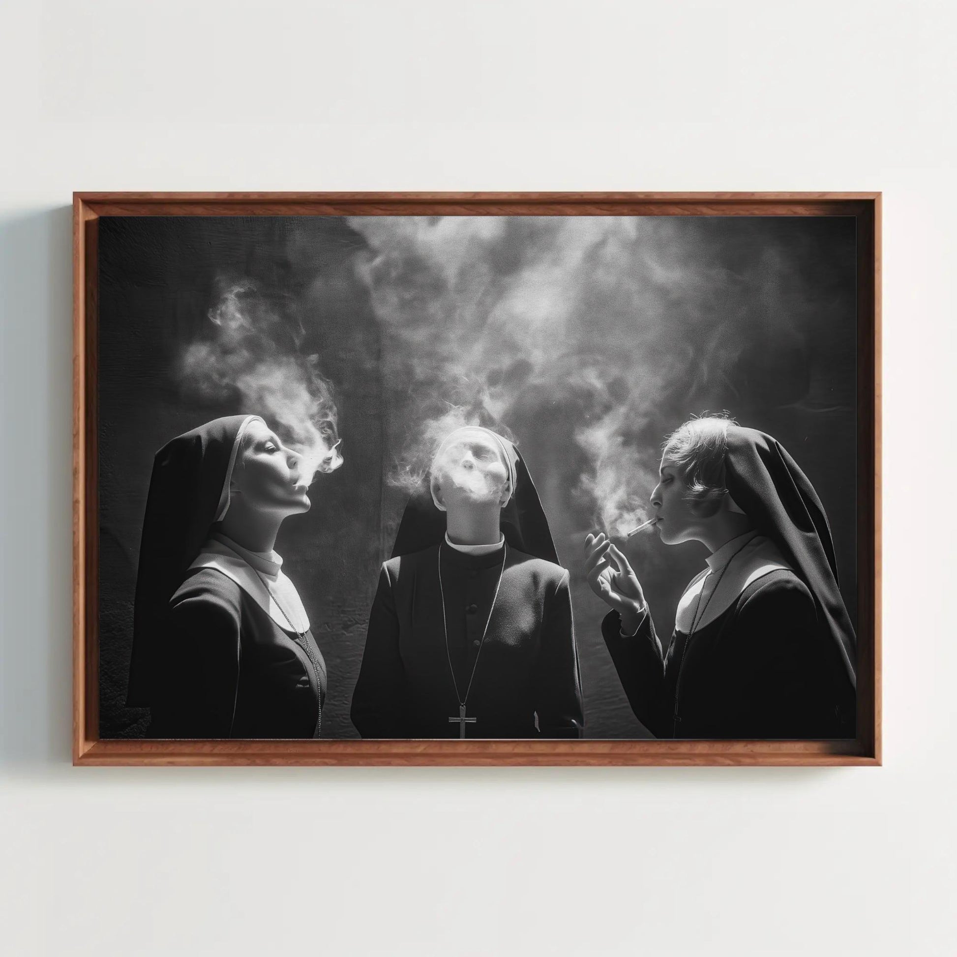 Three Nuns Smoking Canvas, Large Black and White Art, Rebellious Monochrome Wall Print