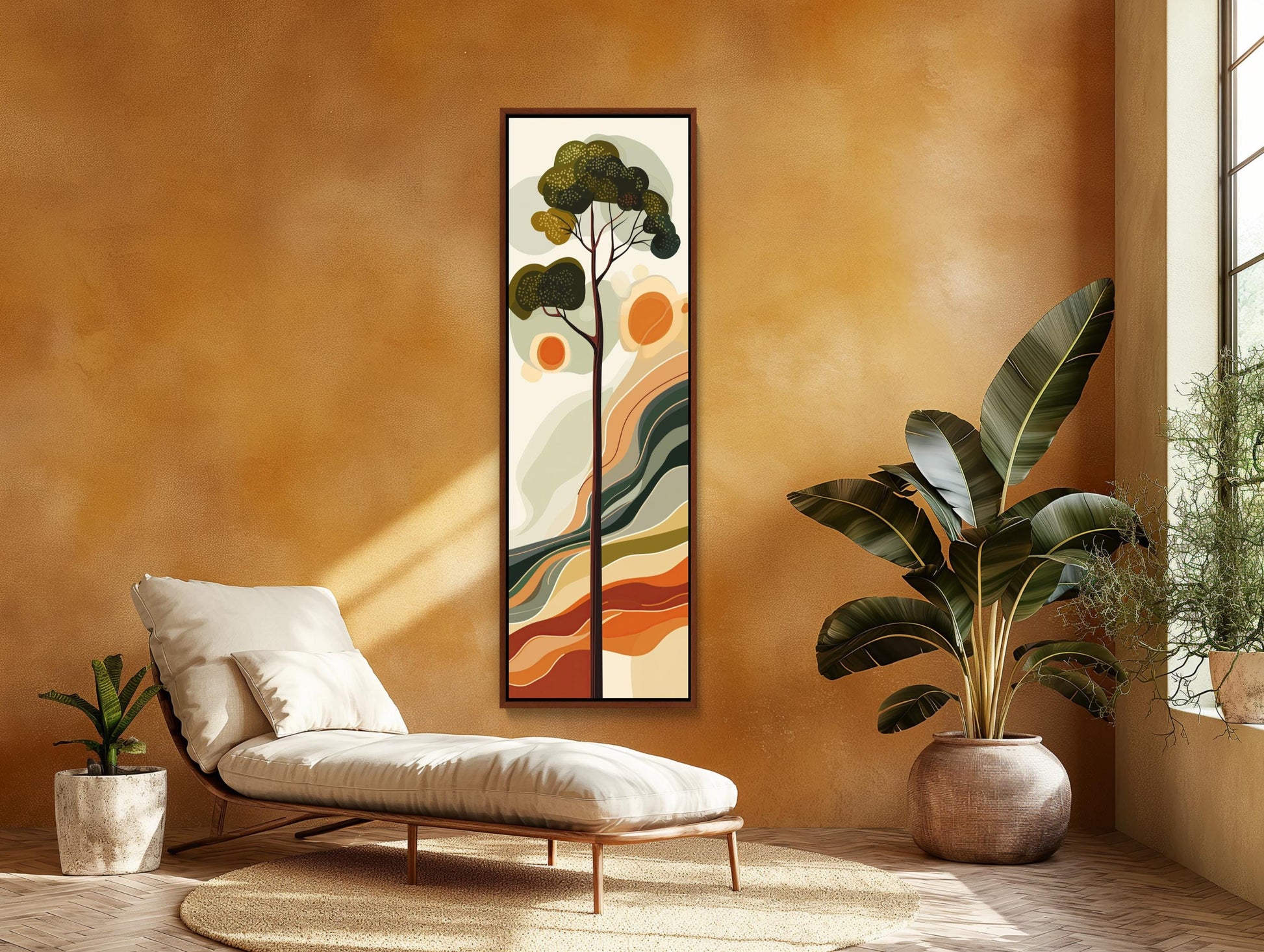 a cozy living room with a large abstract painting hanging on the wall, a comfortable lounge chair, and potted plants.