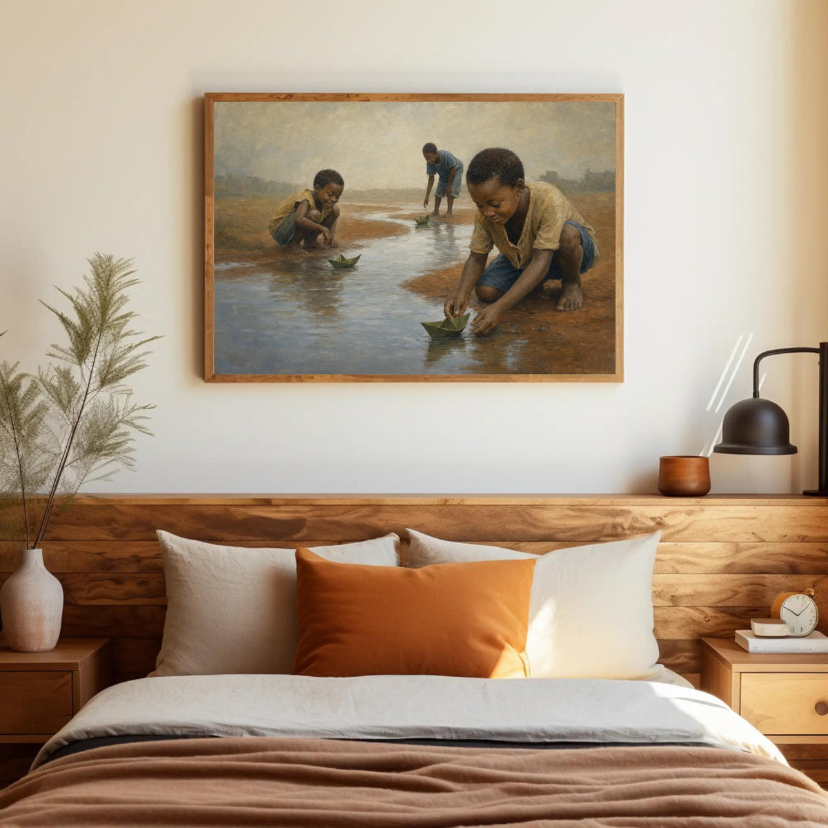 Children with paper boats canvas wall art, serene scene of children playing in a river, with a wooden bed frame and a