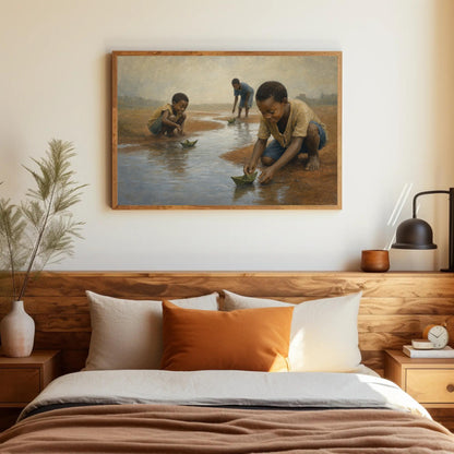 Children with paper boats canvas wall art, serene scene of children playing in a river, with a wooden bed frame and a