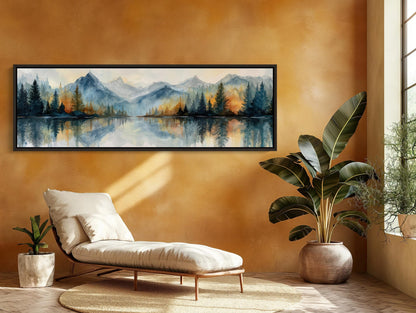 Mountain lake reflection canvas wall art, serene indoor setting with a large landscape painting hanging on the wall