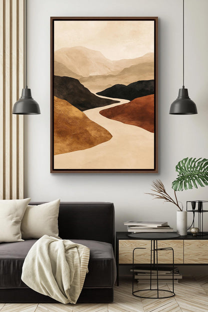 Abstract Mountain Wall Art, Winding River Canvas, Terracotta Ochre