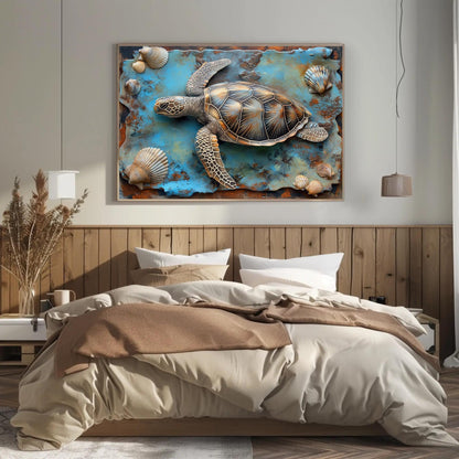 3D Sea Turtle Art canvas wall art shown in a bedroom