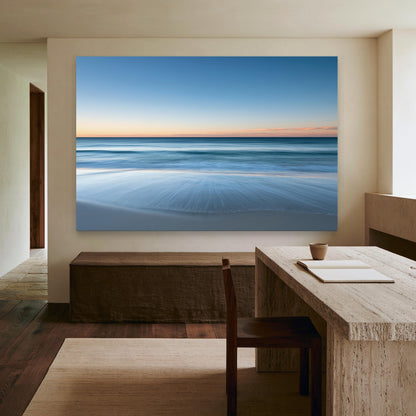 Ocean horizon dusk canvas wall art, peach sunset glow over long exposure blue waves