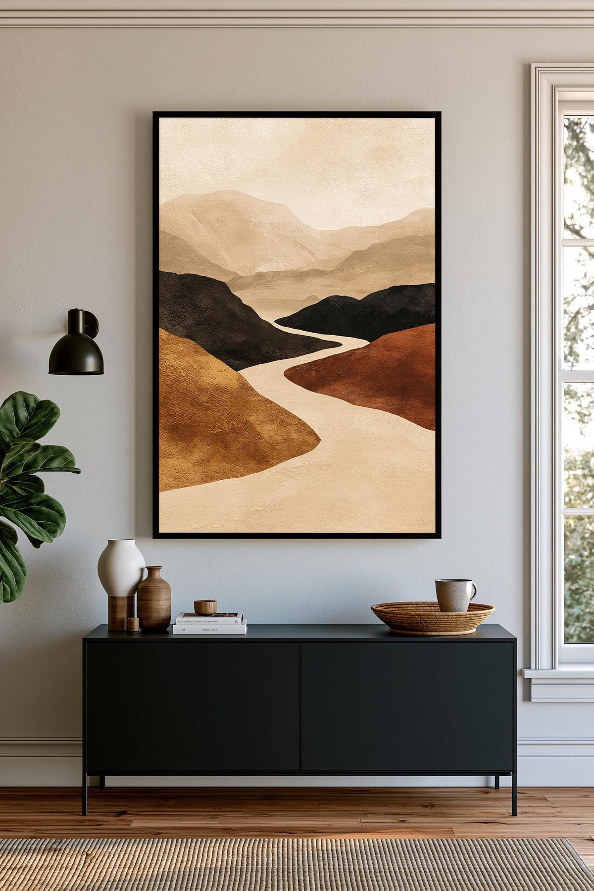 Abstract Mountain Wall Art, Winding River Canvas, Terracotta Ochre