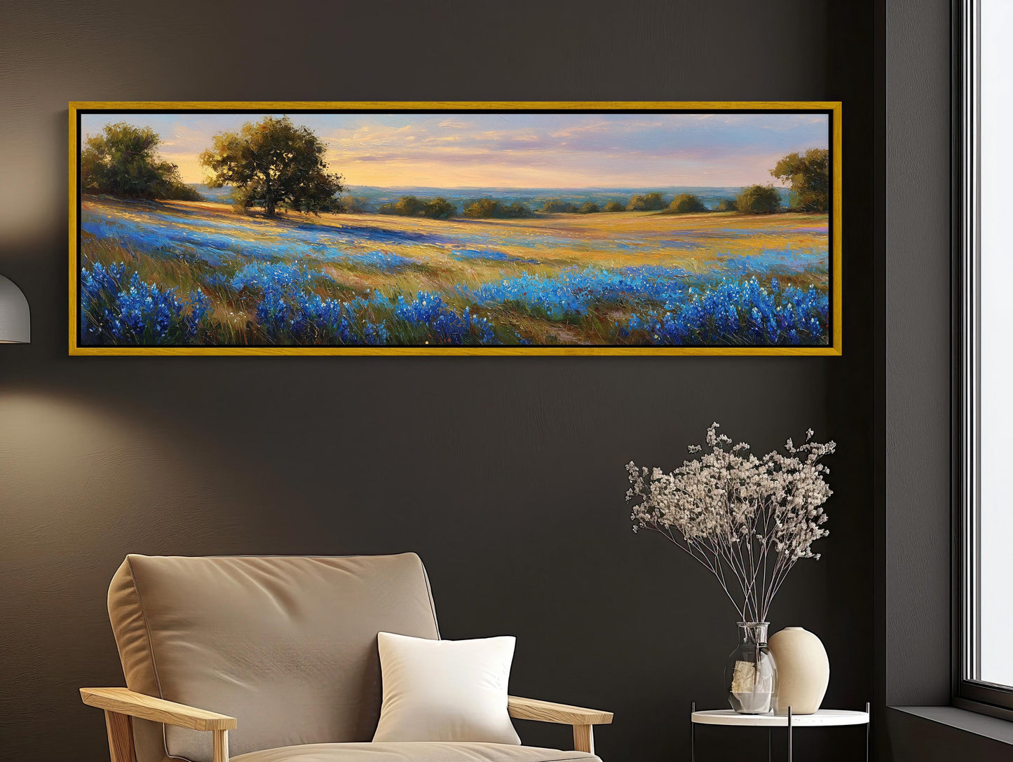 Texas Bluebonnet Canvas Print, Panoramic Sunset Wall Art Decor