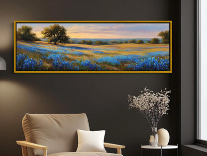 Texas Bluebonnet Canvas Print, Panoramic Sunset Wall Art Decor