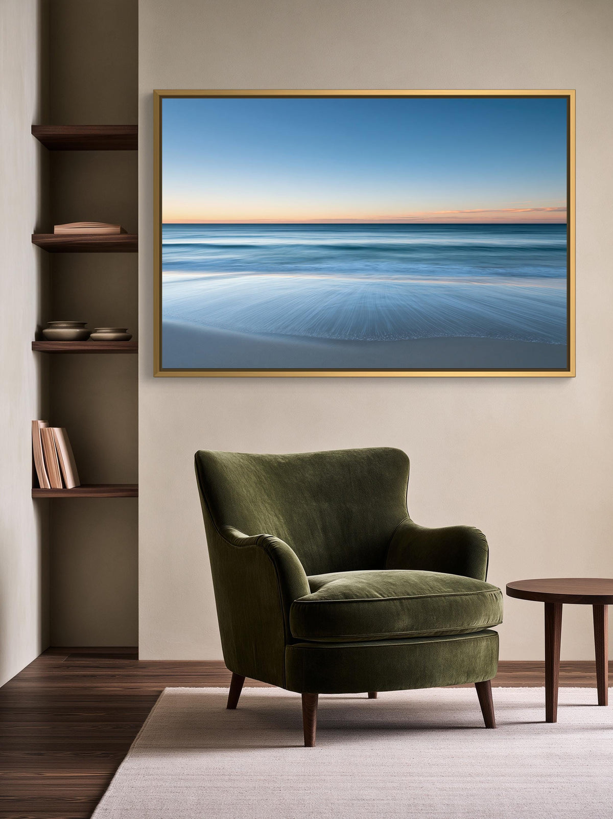 Ocean horizon at dusk canvas wall art, serene living room with a large framed picture of a beach scene hanging on the wall