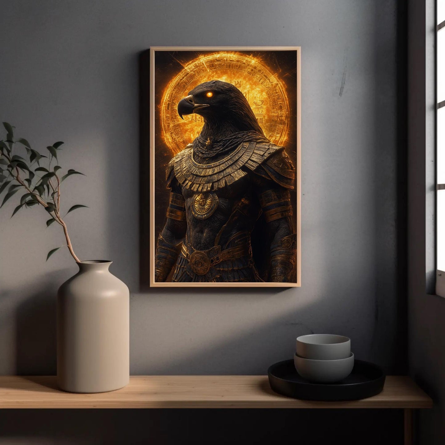 Horus canvas wall art shown in a styled room