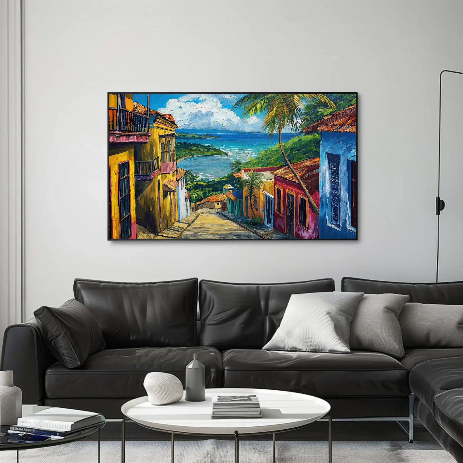 Old San Juan , Puerto Rico Wooden Frame canvas wall art shown in a living room (view 3)