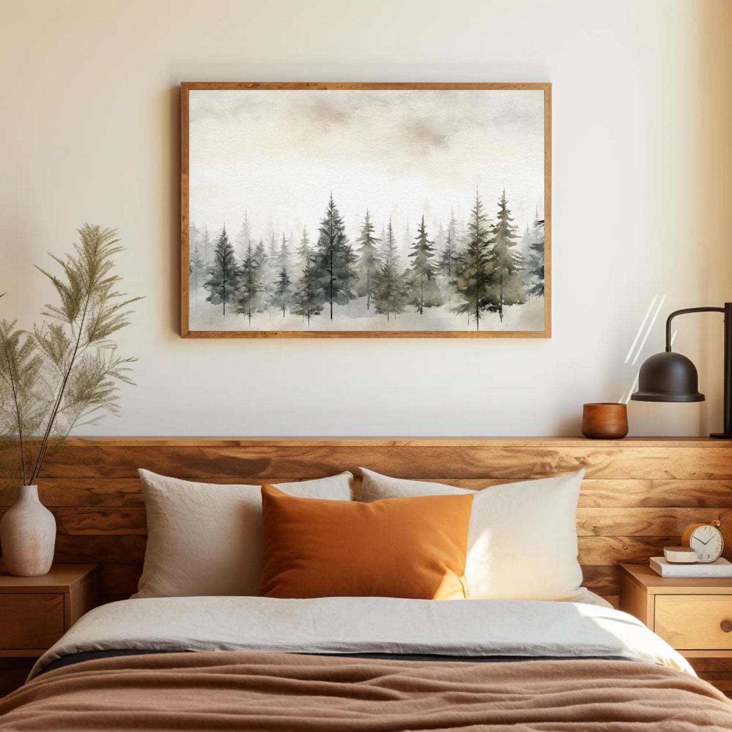 Pine Tree canvas wall art shown in a bedroom