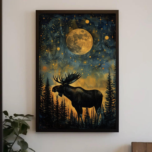 Moose Canvas Print – Starry Sky Painting | Rustic Cabin Art Wall Decor