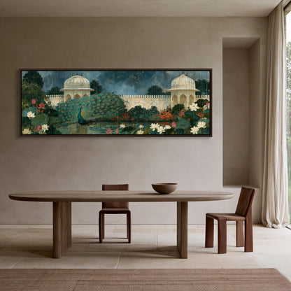 Peacock in monsoon rain canvas wall art, large painting of a palace with a peacock in the foreground, hanging on a wall