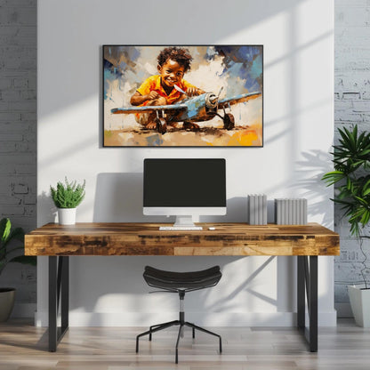 African American Canvas Print - Motivational Boy with Toy Plane | Black Art Wall Decor - Antarmada