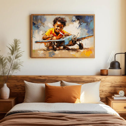 African American Canvas Print - Motivational Boy with Toy Plane | Black Art Wall Decor - Antarmada