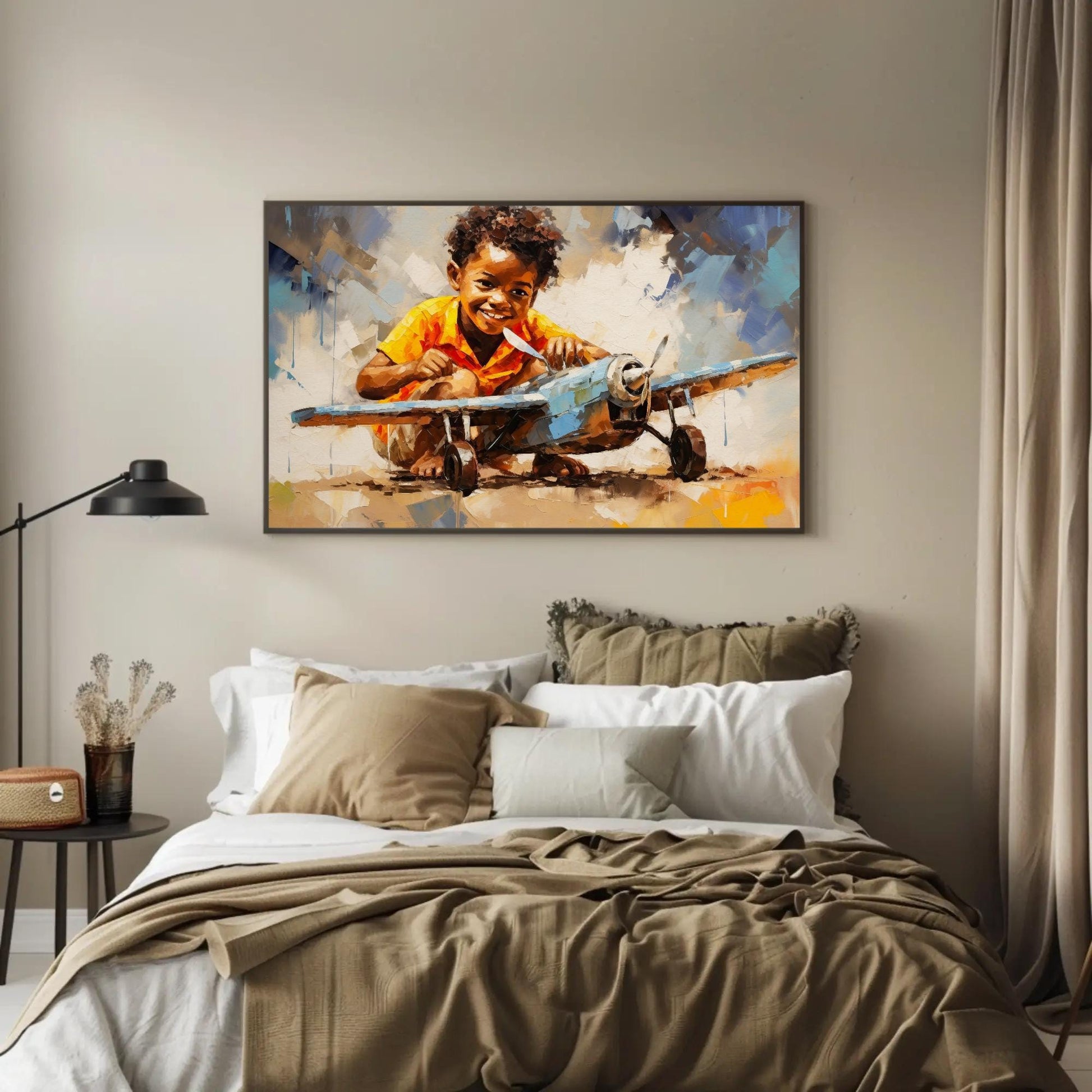 African American Canvas Print - Motivational Boy with Toy Plane | Black Art Wall Decor - Antarmada