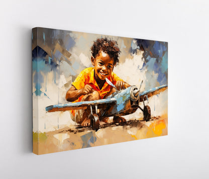 African American Canvas Print - Motivational Boy with Toy Plane | Black Art Wall Decor - Antarmada