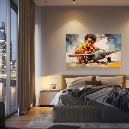 African American Canvas Print - Motivational Boy with Toy Plane | Black Art Wall Decor - Antarmada