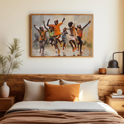 African Kids Rain , Black Children Playing canvas wall art shown in a styled room (view 7)