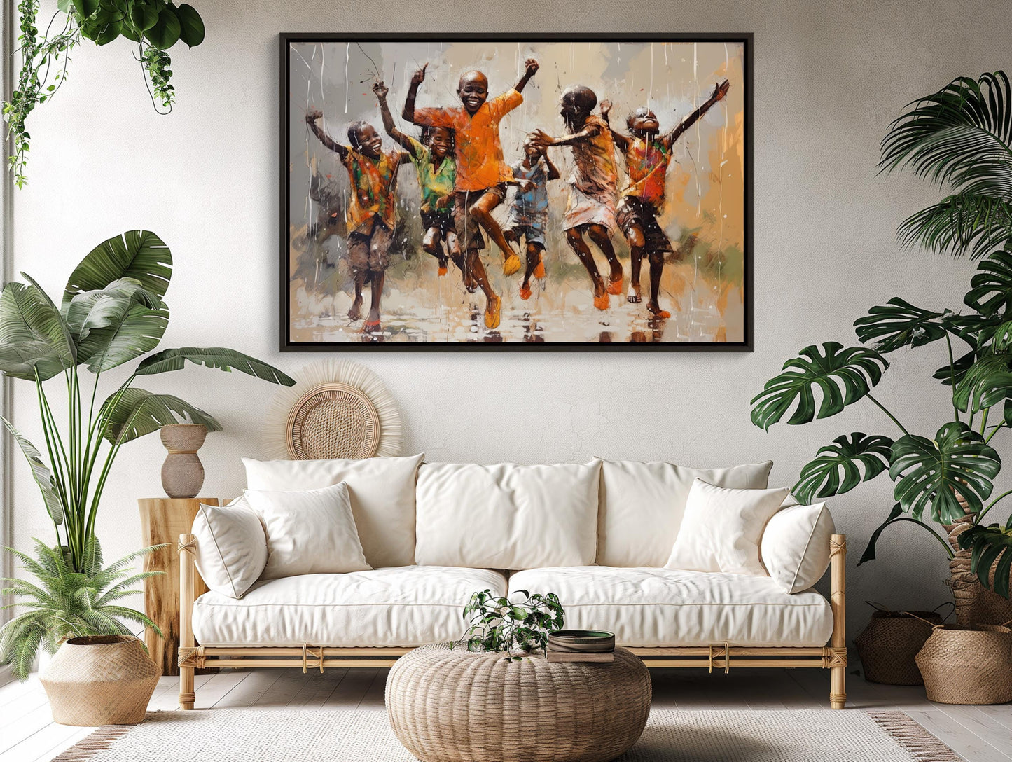 African Kids Rain , Black Children Playing canvas wall art shown in a styled room (view 4)