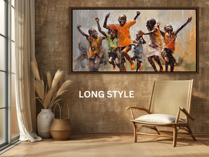 African Kids Rain , Black Children Playing canvas wall art shown in a styled room (view 5)