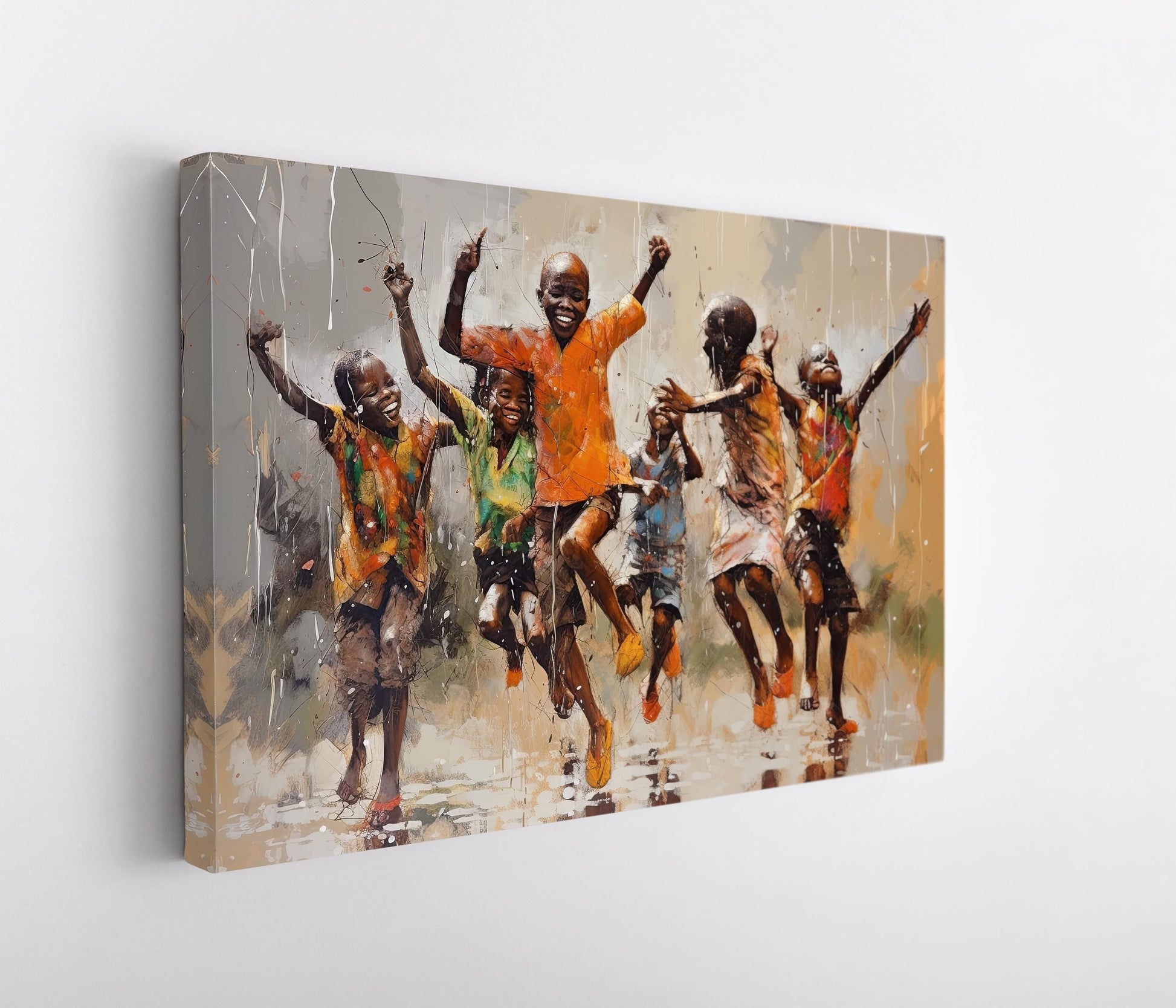 African Kids Rain , Black Children Playing canvas wall art shown in a styled room (view 3)