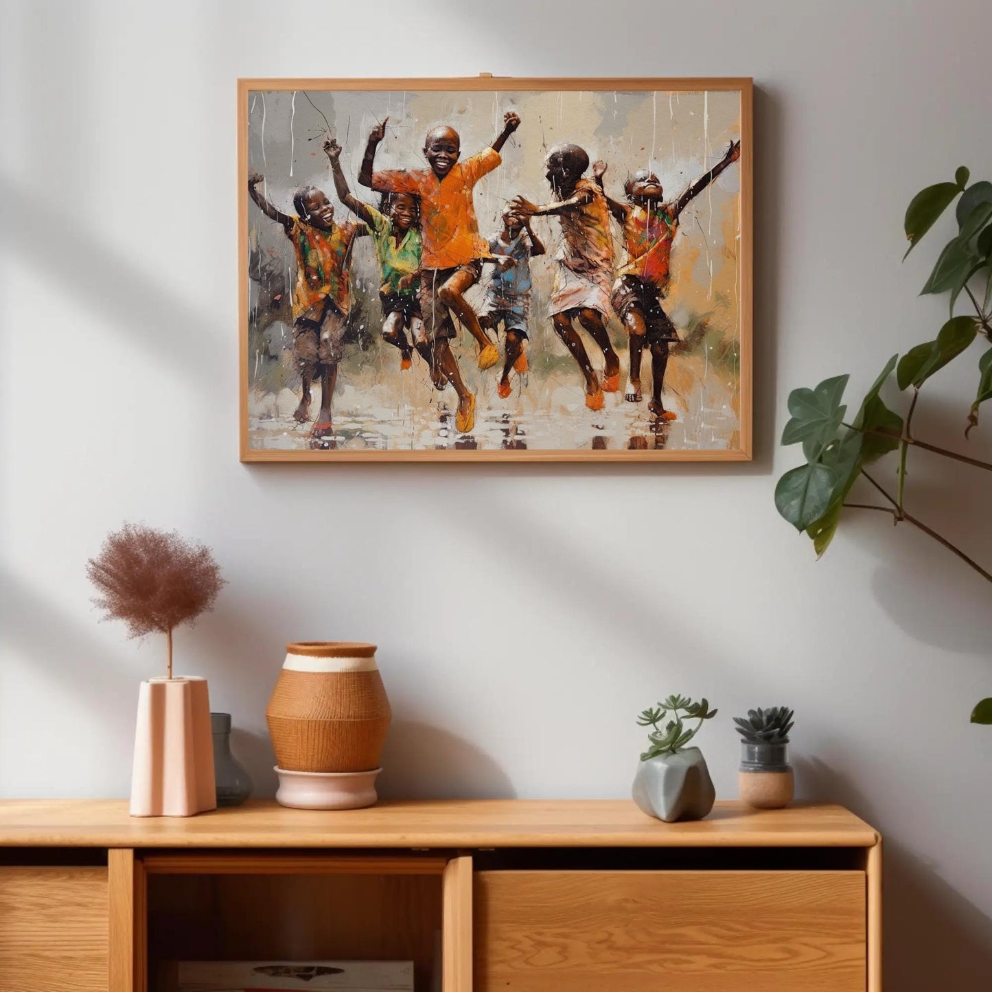 African Kids Rain , Black Children Playing canvas wall art shown in a styled room (view 2)