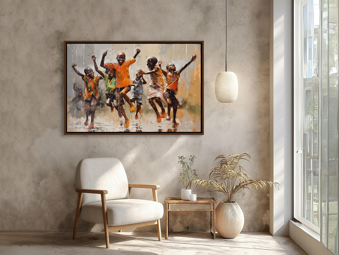 African Kids Rain , Black Children Playing canvas wall art shown in a styled room (view 8)
