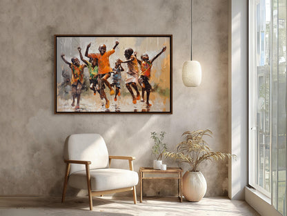 African Kids Rain , Black Children Playing canvas wall art shown in a styled room (view 8)
