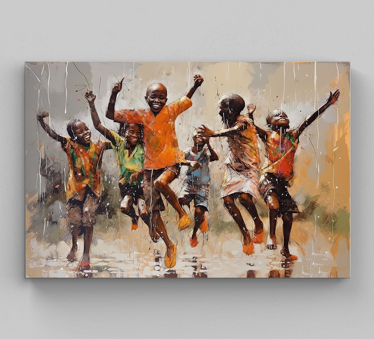 African Kids Rain Canvas Print, Black Children Playing Wall Art