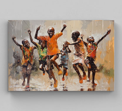 African Kids Rain Canvas Print, Black Children Playing Wall Art