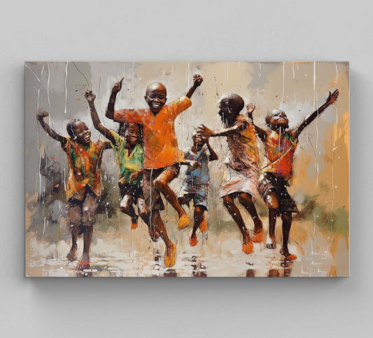 African Kids Rain Canvas Print, Black Children Playing Wall Art - Antarmada