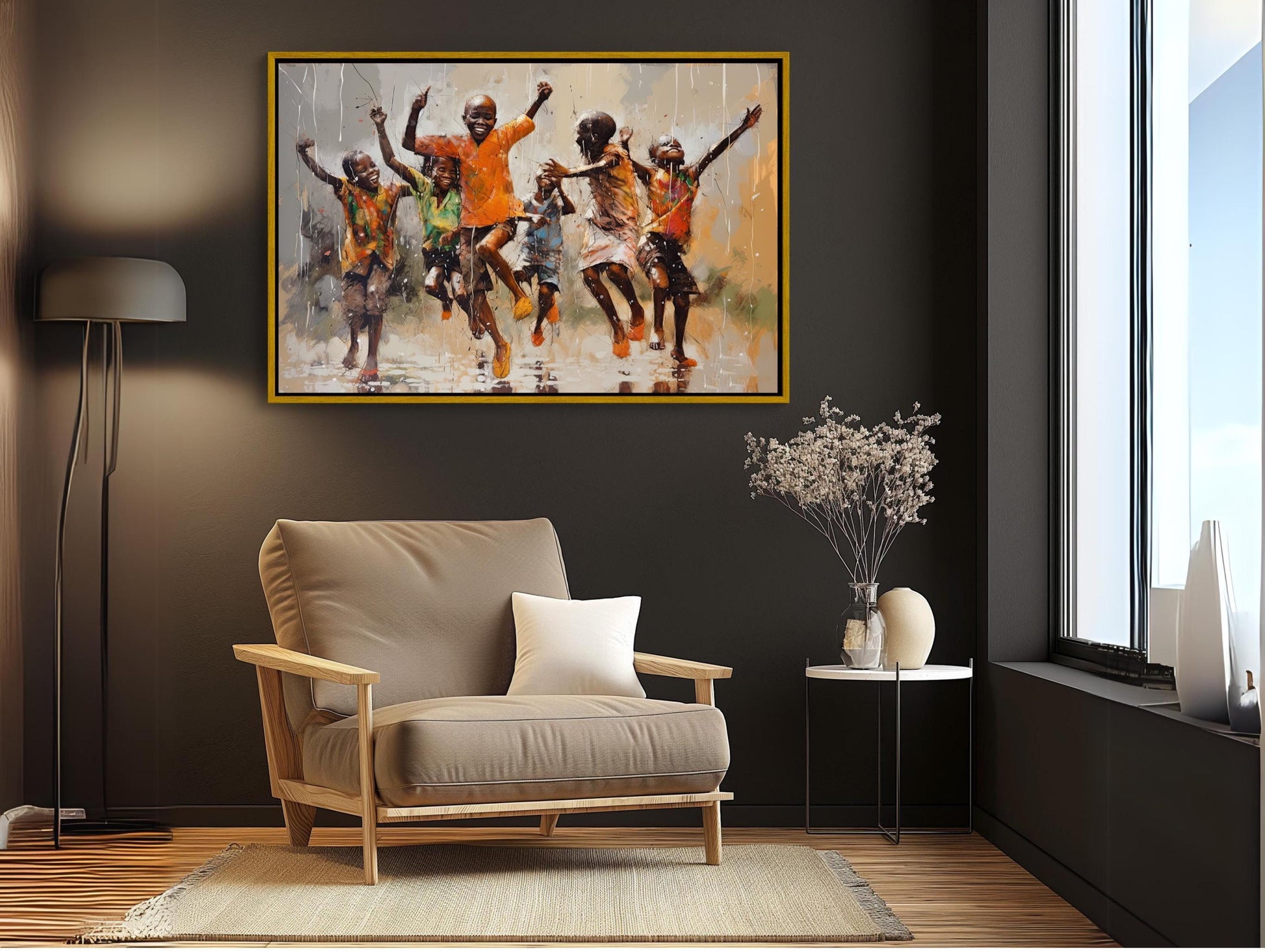 African Kids Rain , Black Children Playing canvas wall art shown in a styled room (view 6)