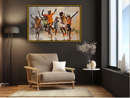 African Kids Rain , Black Children Playing canvas wall art shown in a styled room (view 6)
