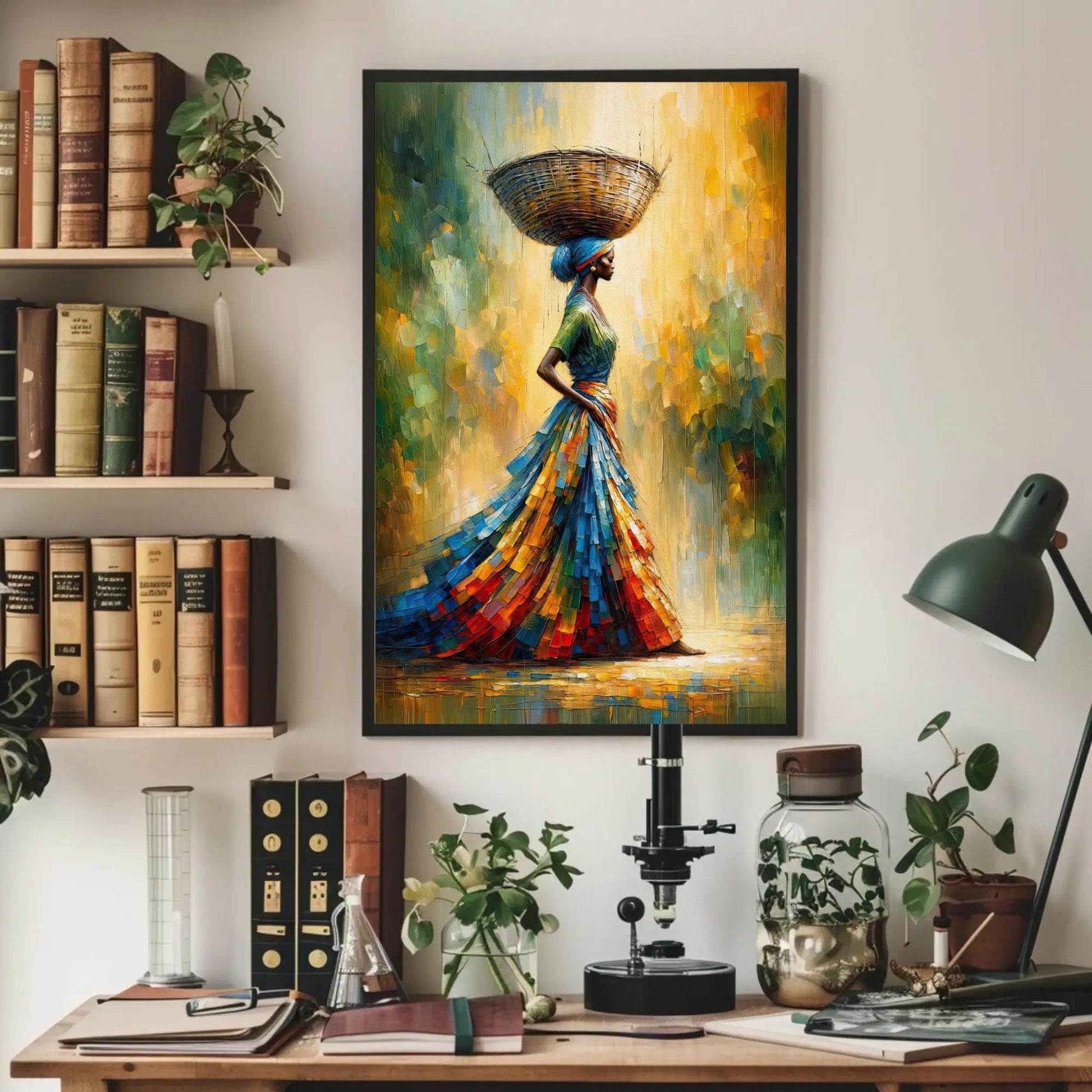 African Woman , Black Queen Basket canvas wall art shown in a styled room (view 5)