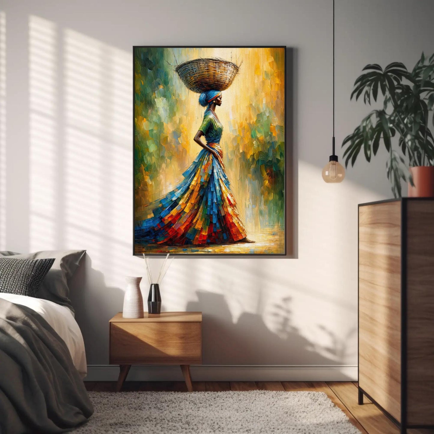 African Woman , Black Queen Basket canvas wall art shown in a styled room (view 6)
