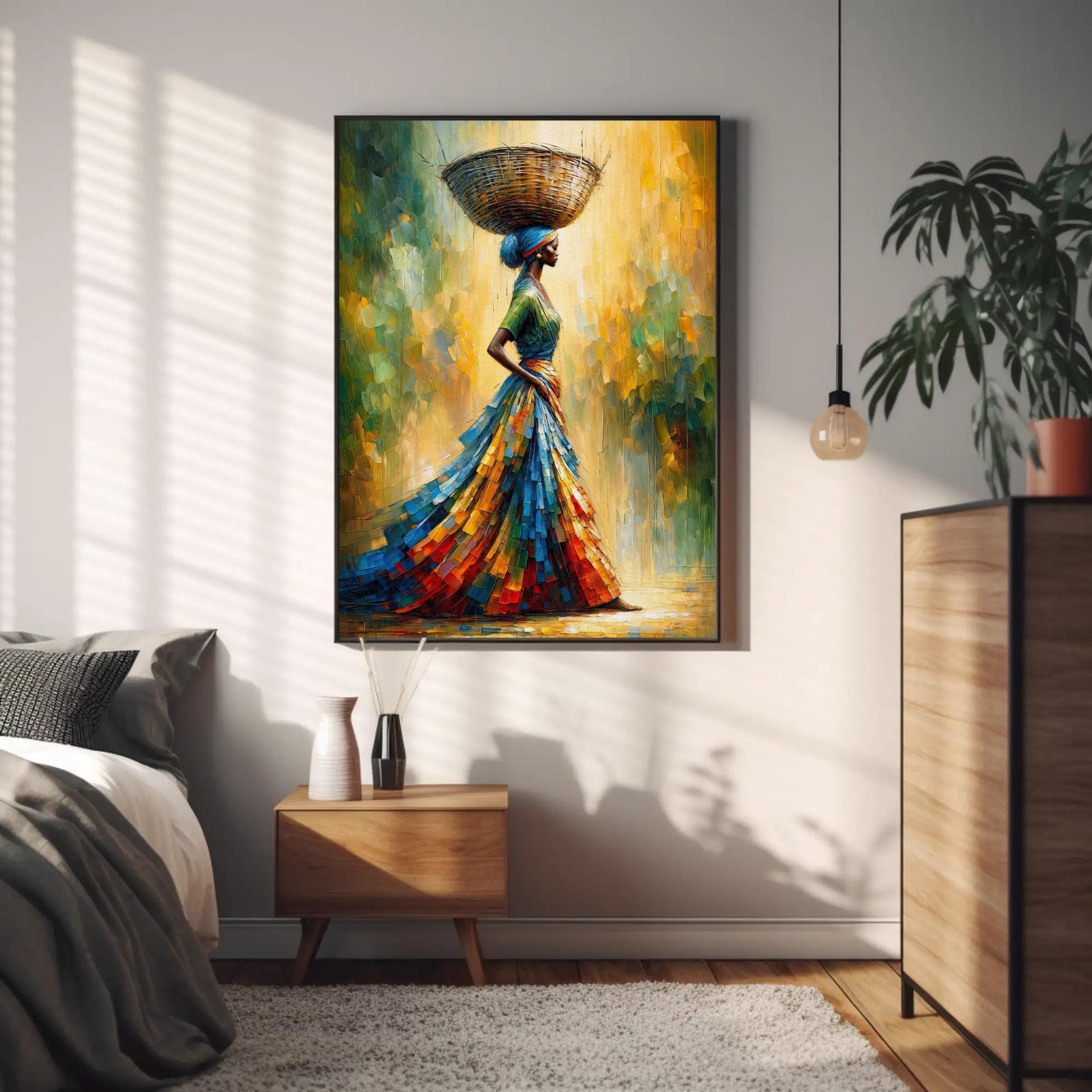 African Woman , Black Queen Basket canvas wall art shown in a styled room (view 6)