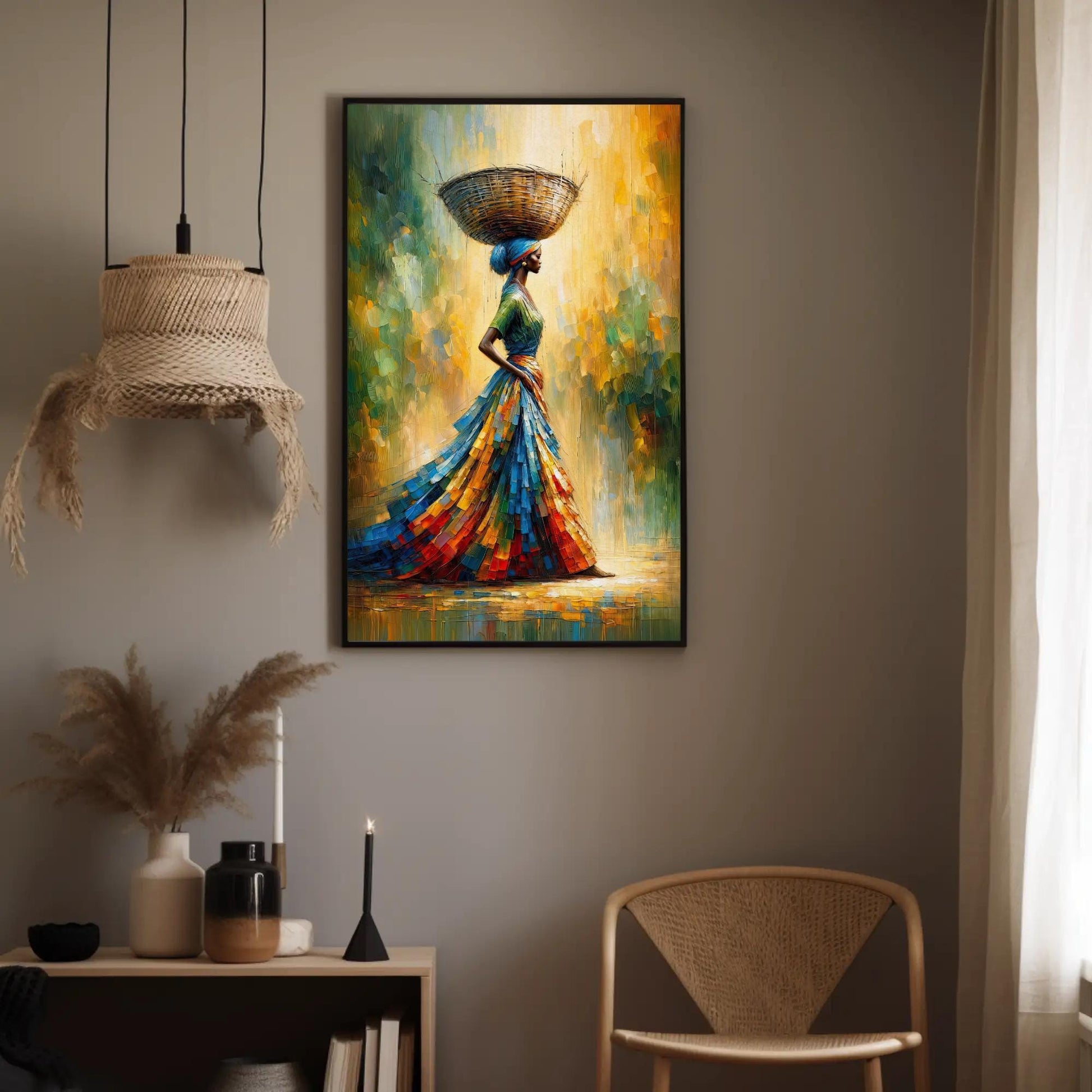 African Woman , Black Queen Basket canvas wall art shown in a styled room (view 7)